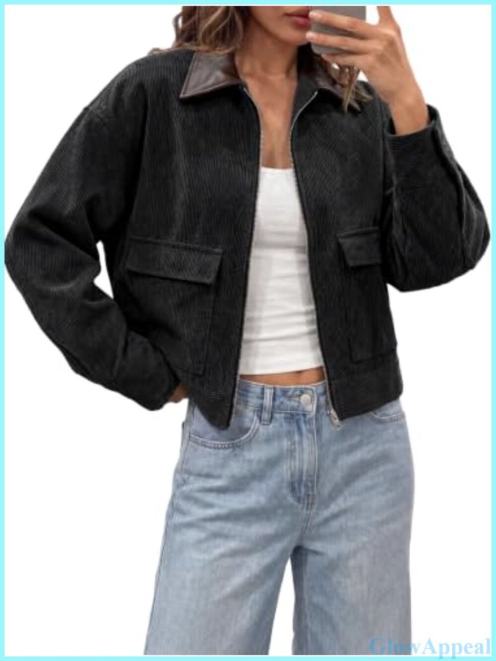 Womens Cropped Corduroy Jacket Oversized Zip Up Barn Bomber Coat